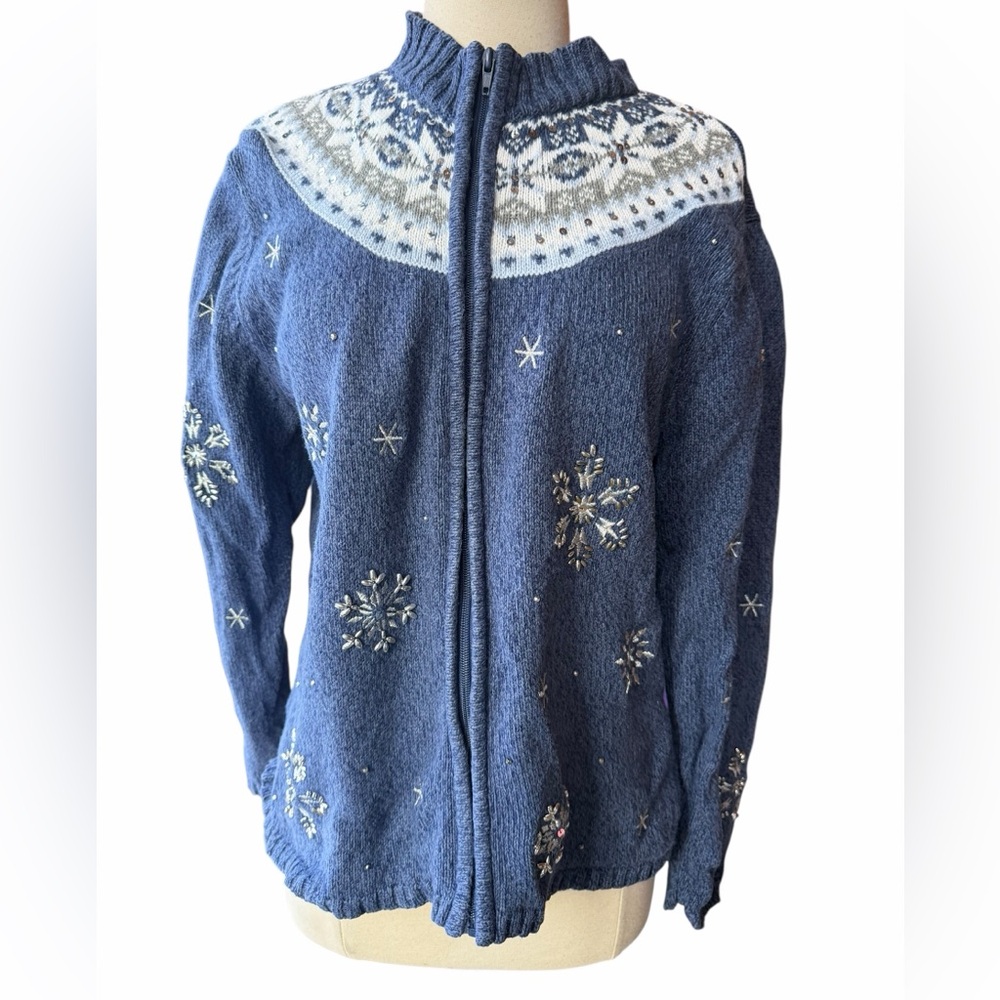 1990s Crystal Kobe Ramie/Cotton Heathered Blue Hand Embroidered Snowflake Bead &